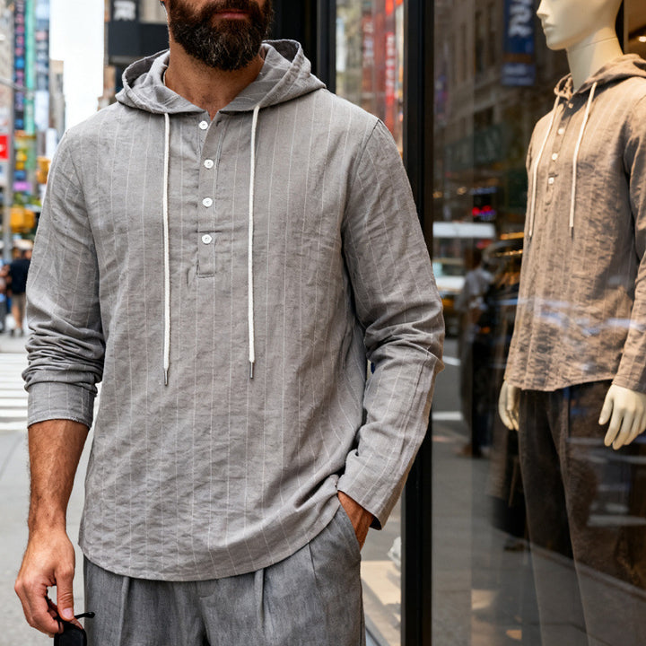 Men's linen blend hoodie shirt with half button placket and pinstripes Mune Fashion