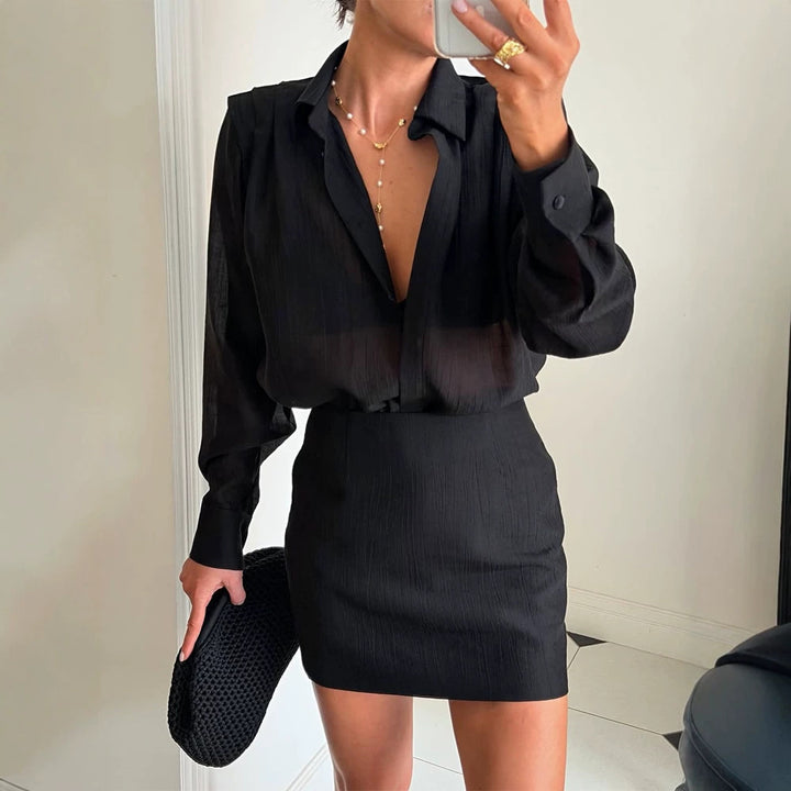 Ladies two-piece fine crinkle chiffon set with shirt blouse and wrap ruffle mini skirt Mune Fashion
