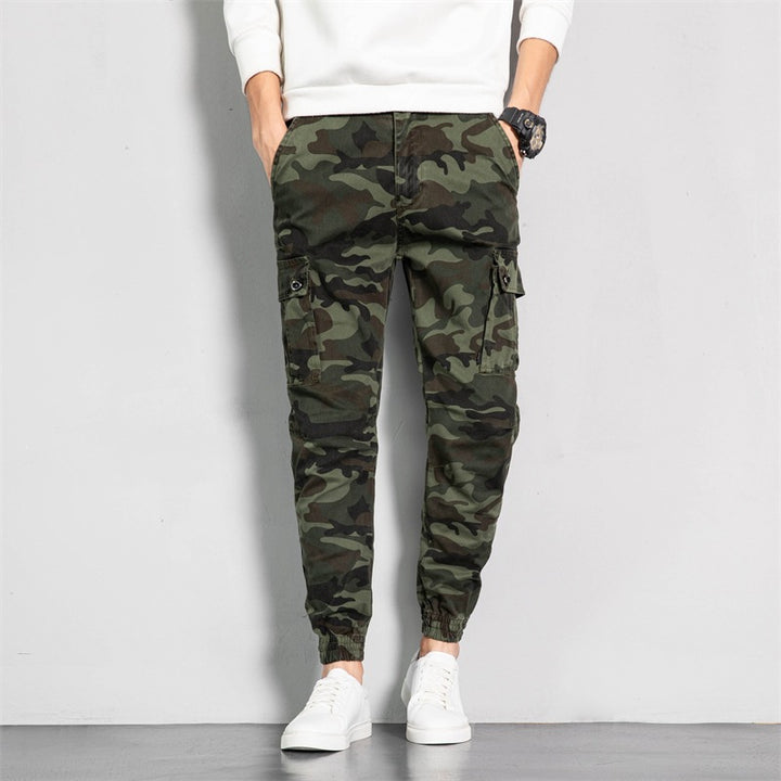 Men's Camouflage Cargo Jogging Pants in Tapered Fit with Elastic Waistband, Utility Pockets & Ribbed Ankle Cuffs Mune Fashion