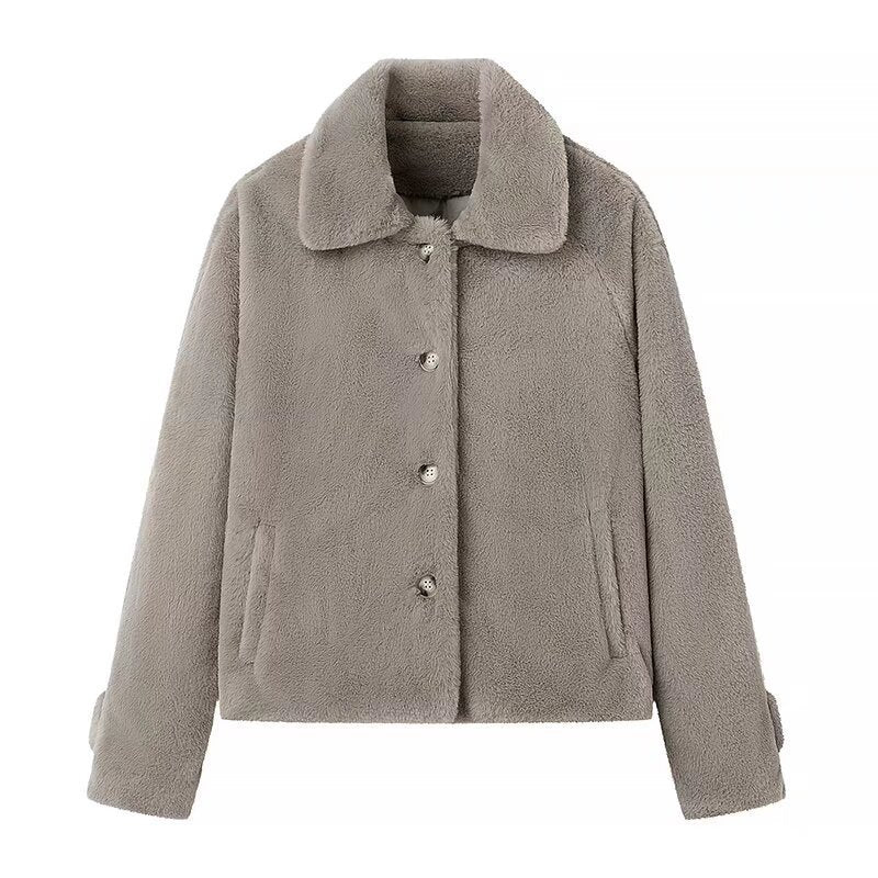 Women's Short Cut Teddy Fleece Jacket with Shirt Collar, Concealed Button Placket and Side Pockets Mune Fashion