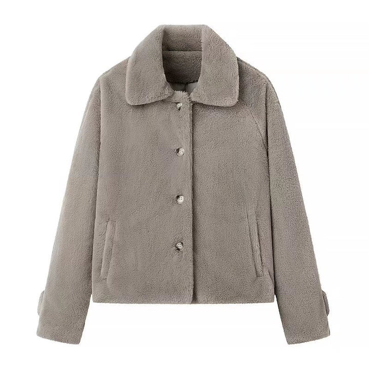 Women's Short Cut Teddy Fleece Jacket with Shirt Collar, Concealed Button Placket and Side Pockets Mune Fashion