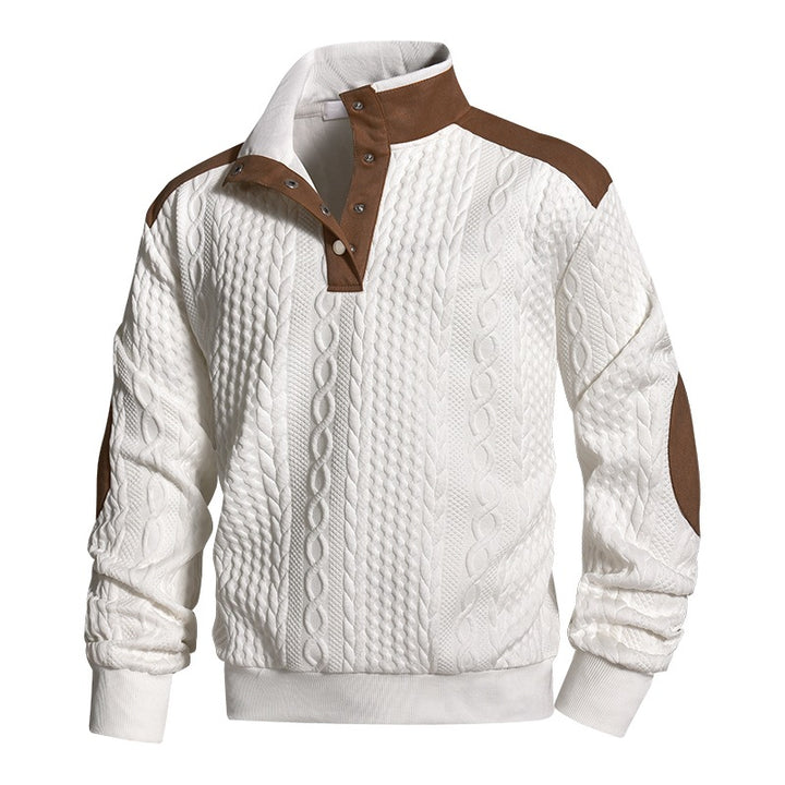Men's knitted sweater with cable pattern, stand-up collar and contrast shoulder & elbow patches Mune Fashion
