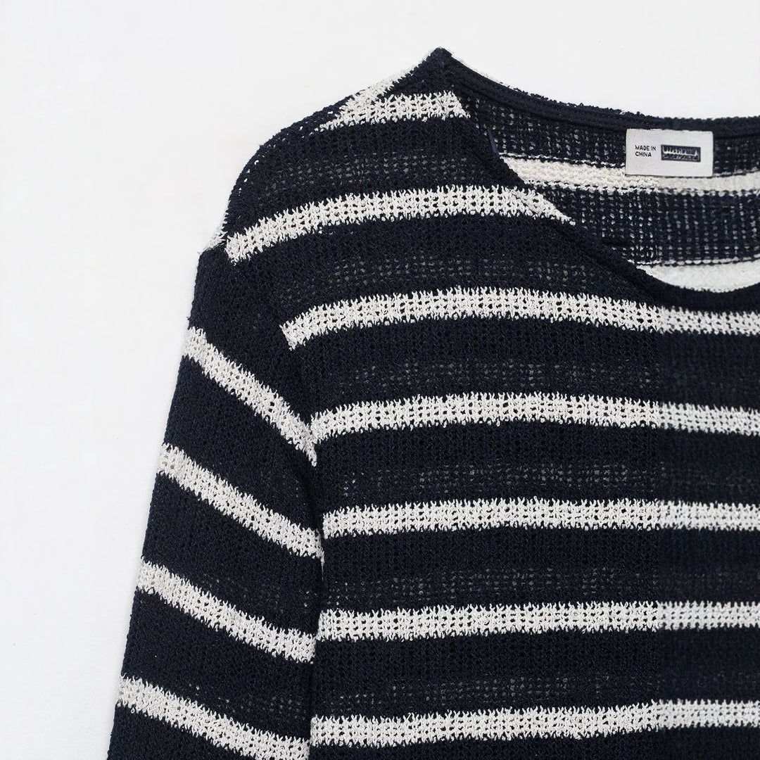 Women's Striped Knit Henley Sweater with Button Placket and Light Structure Drune