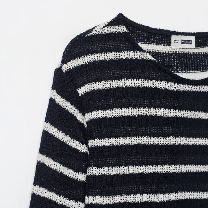 Women's Striped Knit Henley Sweater with Button Placket and Light Structure Drune