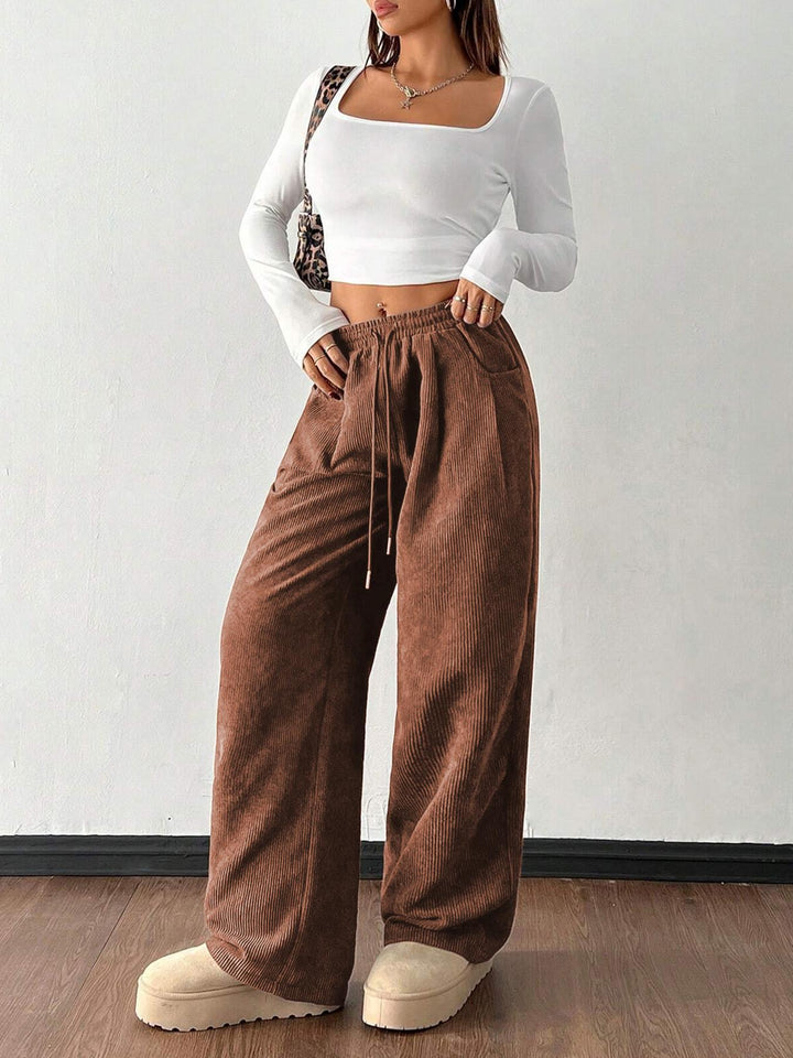 Ladies cord pants with wide leg, elastic waistband and drawstring Mune Fashion