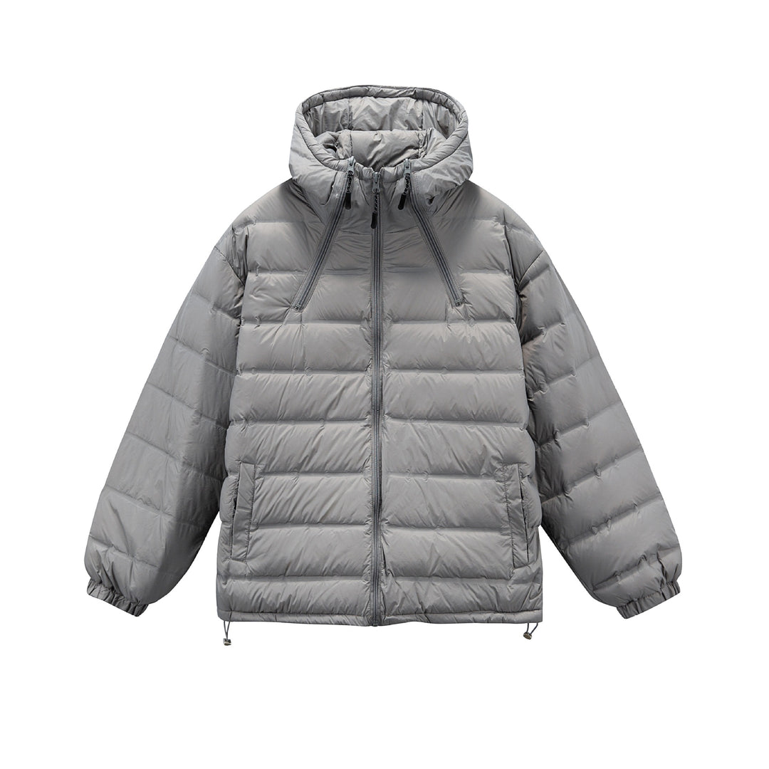 Men's Boxy Puffer Jacket with high stand-up hood, double front zipper and drawstring