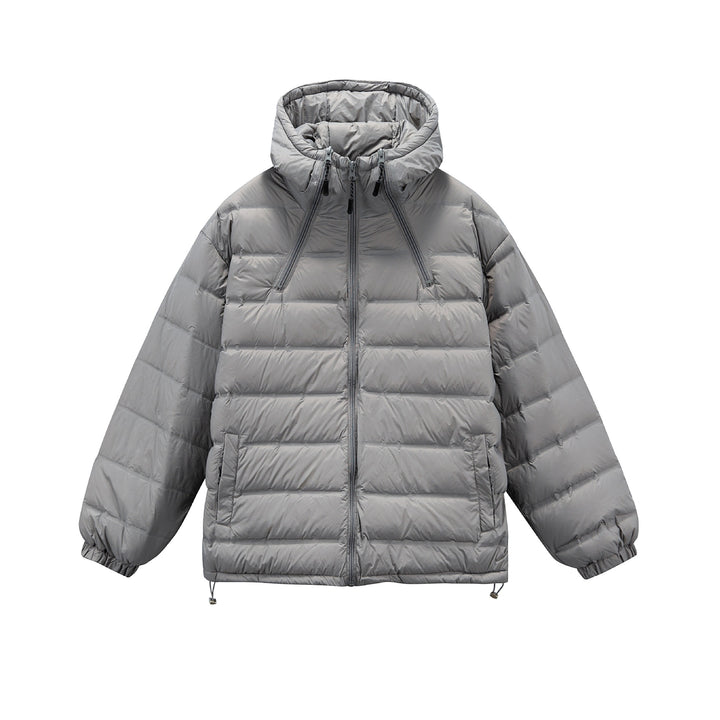 Men's Boxy Puffer Jacket with high stand-up hood, double front zipper and drawstring