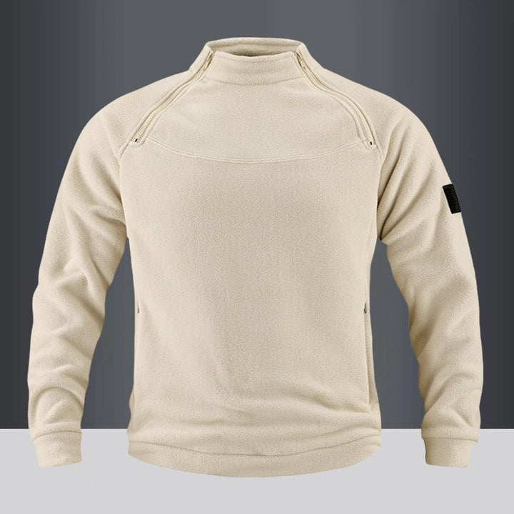 Men's tactical fleece pullover with shoulder zippers, chin guard, and Velcro panel Mune Fashion