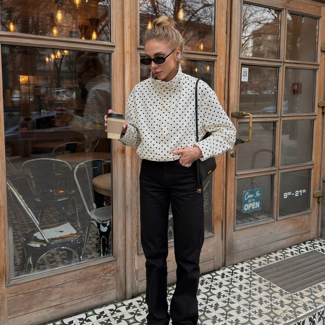 Women Short Polka Dot Transitional Jacket with Stand-up Collar and Drawstring Hem Mune Fashion
