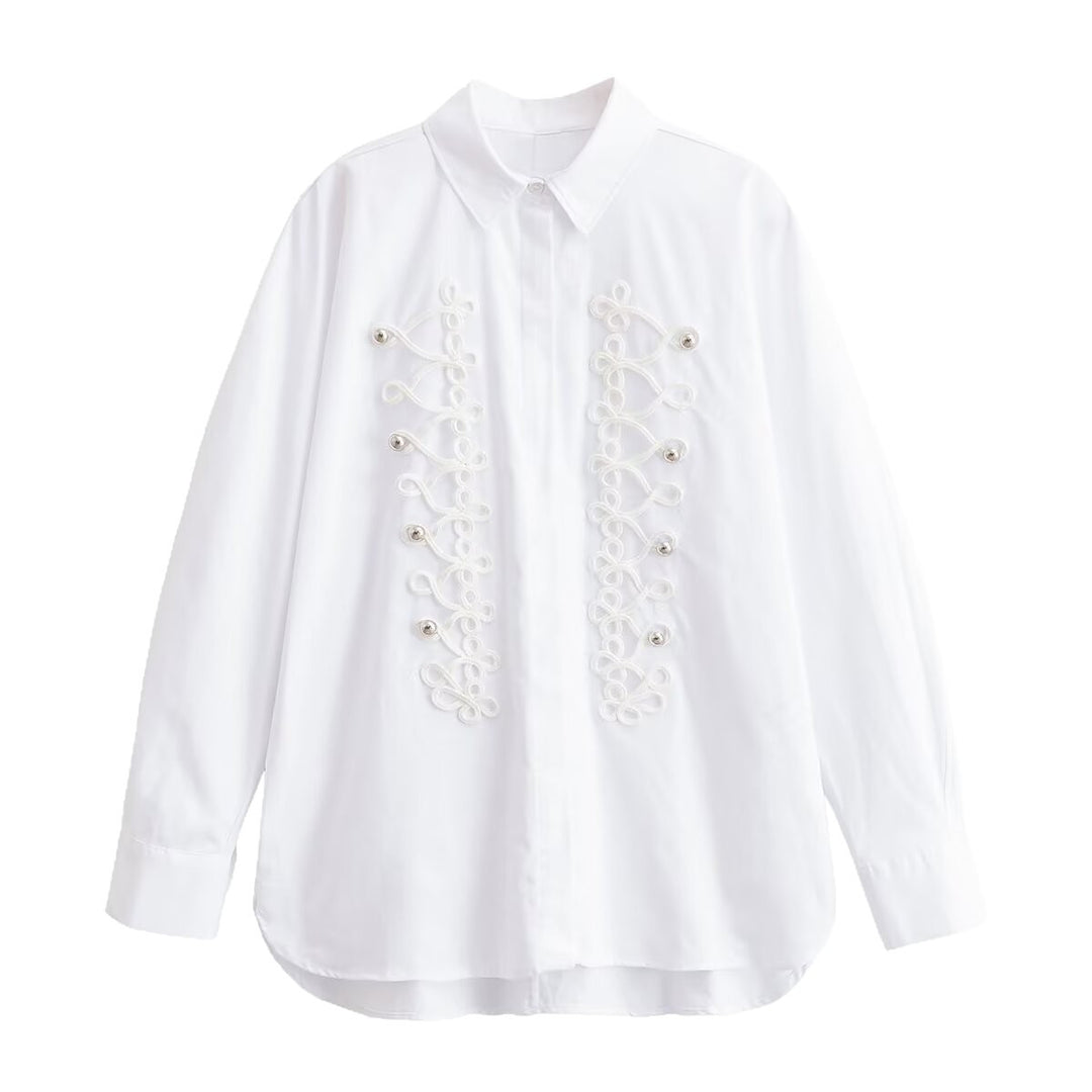 Women Oversized Blouse with Decorative Frog Closures and Shirt Collar Mune Fashion