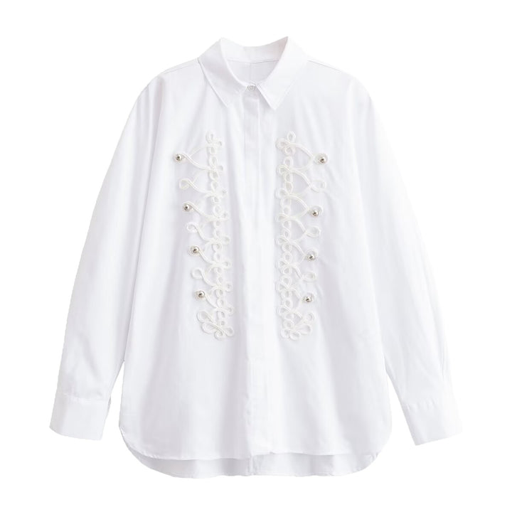 Women Oversized Blouse with Decorative Frog Closures and Shirt Collar Mune Fashion