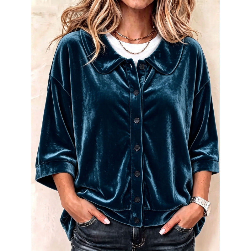 Women's Velvet Button-Down Blouse with Rounded Collar Mune Fashion