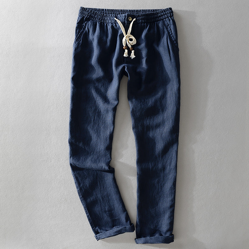 Women's linen pants with elastic waistband, drawstring, and straight leg Mune Fashion