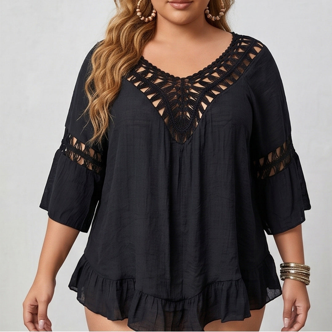 Women airy beach cover-up with cut-out back and crochet accents Mune Fashion