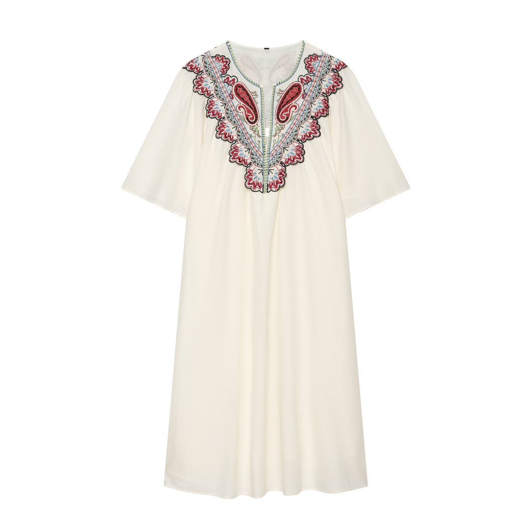 Women's Embroidered Kaftan Dress with V-Neck and Wide Batwing Sleeves Mune Fashion