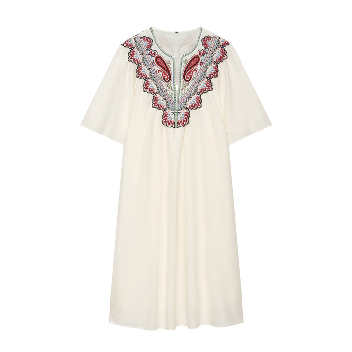 Women's Embroidered Kaftan Dress with V-Neck and Wide Batwing Sleeves Mune Fashion