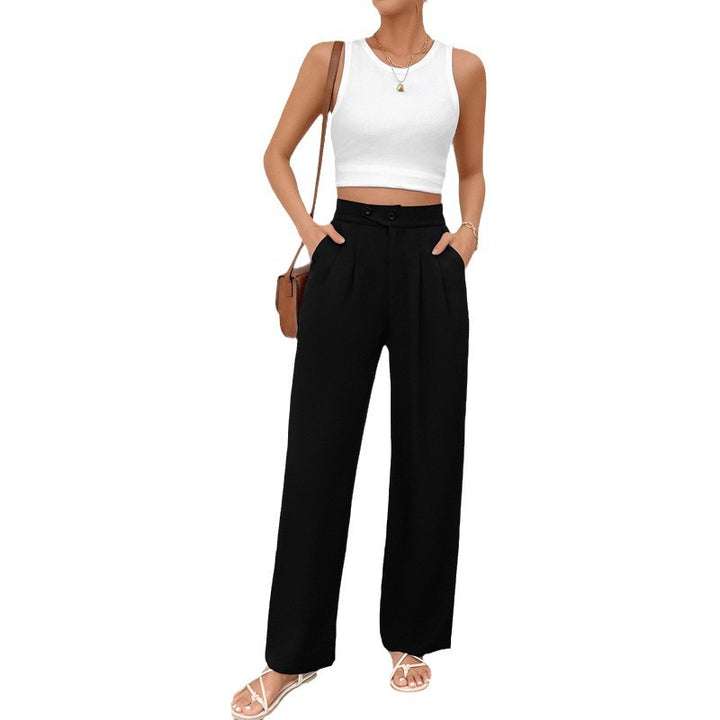 Ladies wide pleated trousers with high waist and button detail Mune Fashion