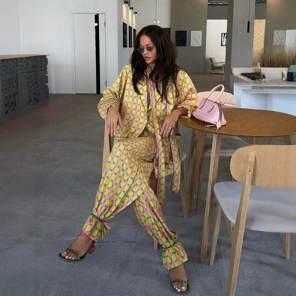 Women Two-Piece Silk Look Suit Set with Oversized Blazer, Wide Pleated Pants & Matching Tube Scarf Mune Fashion