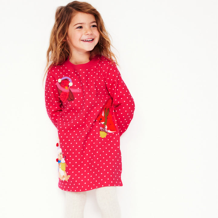 Girls Long Sleeve Dress with Colorful Animal Appliqués Mune Fashion