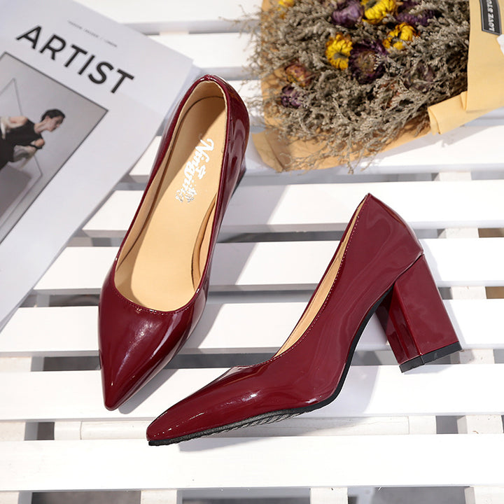Women's Elegant Patent Pumps with Pointed Toe, Padded Comfort Insole, and Medium Height Block Heel Mune Fashion