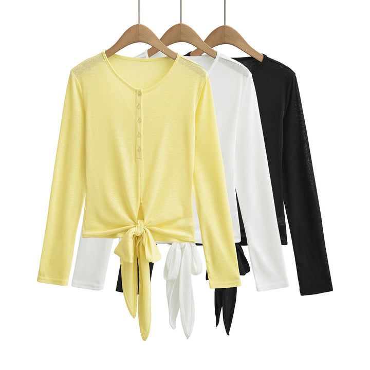 Women’s Long Sleeve Henley Top with Knot Front and Button Placket Mune Fashion