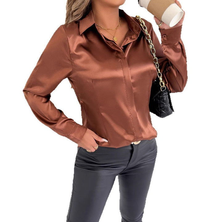 Ladies Satin Blouse with Classic Collar Mune Fashion