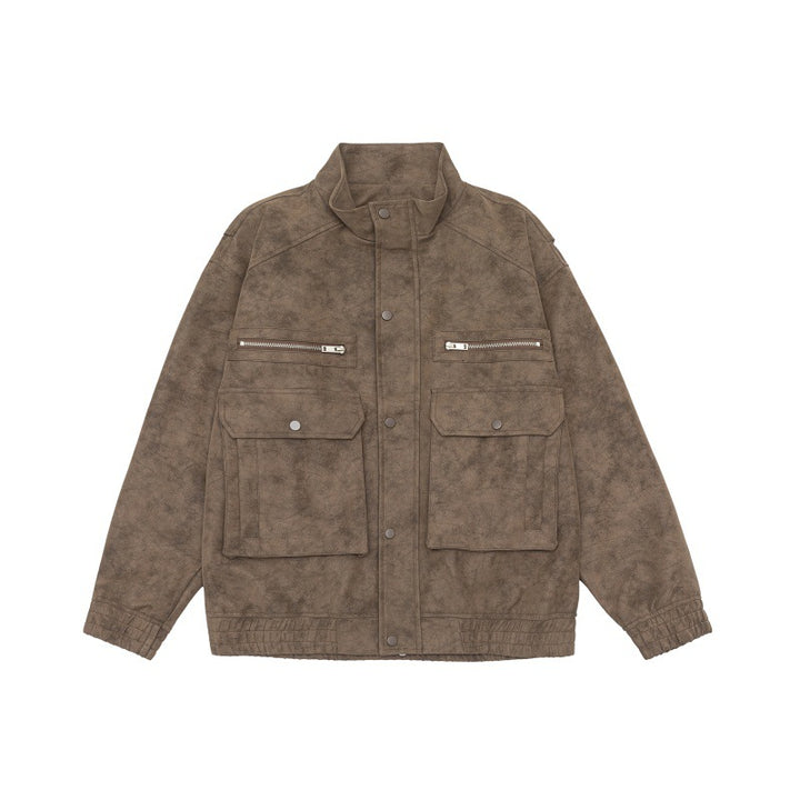 Men's Boxy Utility Blouson Jacket in Velour Look with Stand-up Collar and Multiple Pockets Mune Fashion