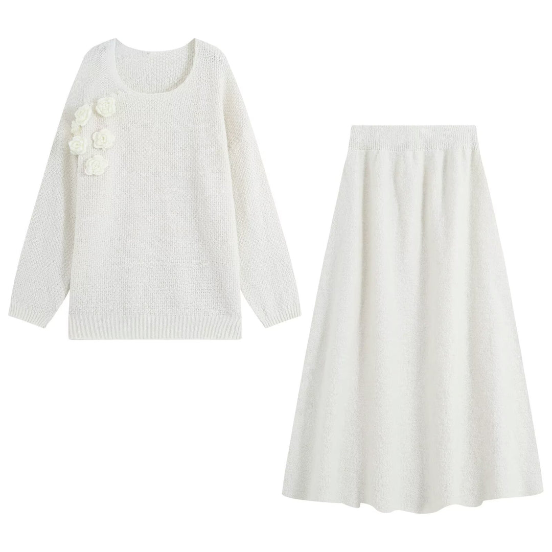 Women's knit set with cozy sweater featuring 3D flower appliqué and A-line skirt Mune Fashion
