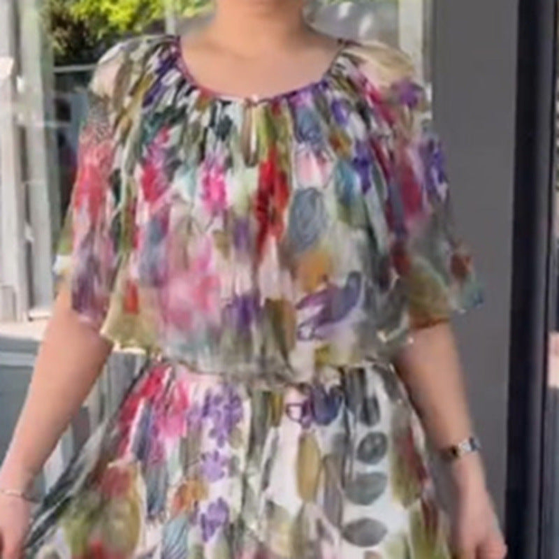 Women’s airy chiffon maxi dress with floral print, gathered round neckline and elastic waistband Mune Fashion