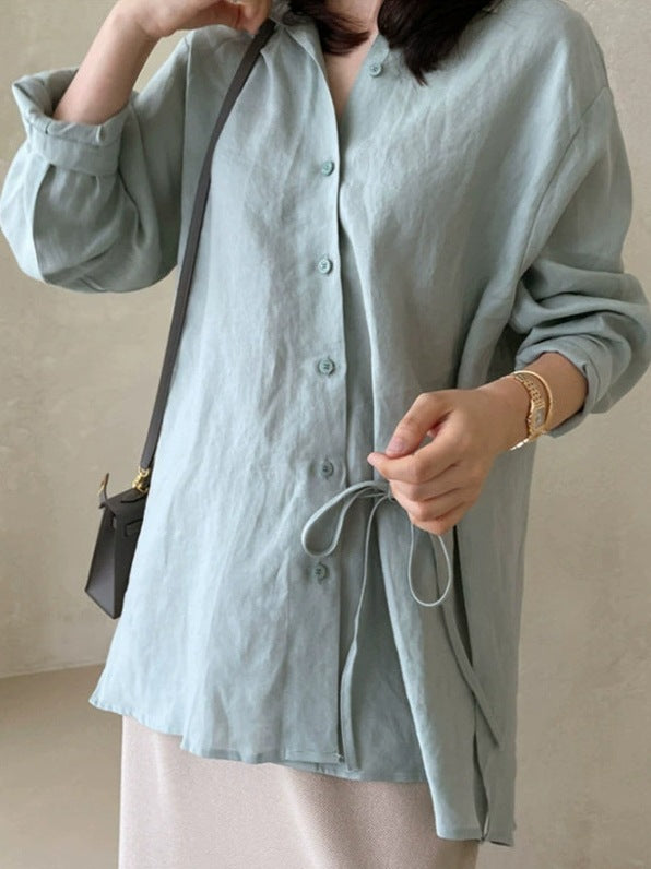 Women loose-fitting linen shirt blouse with stand-up collar, drawstring waist and full button placket Mune Fashion