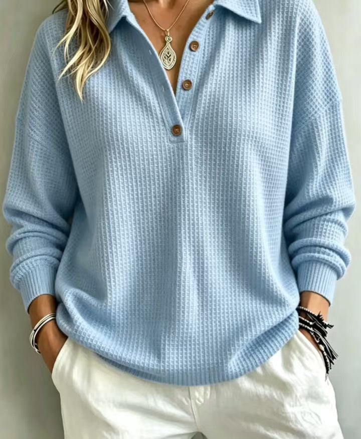 Ladies waffle knit polo with oversized fit, button placket and roll neck look Mune Fashion