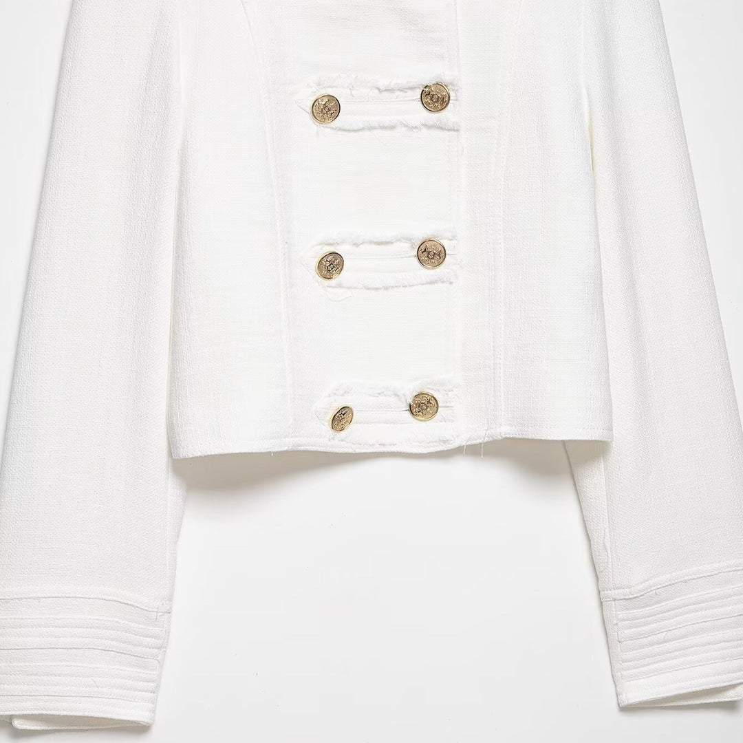 Ladies short jacket in nautical style with double-breasted decorative button placket and stand-up collar Mune Fashion