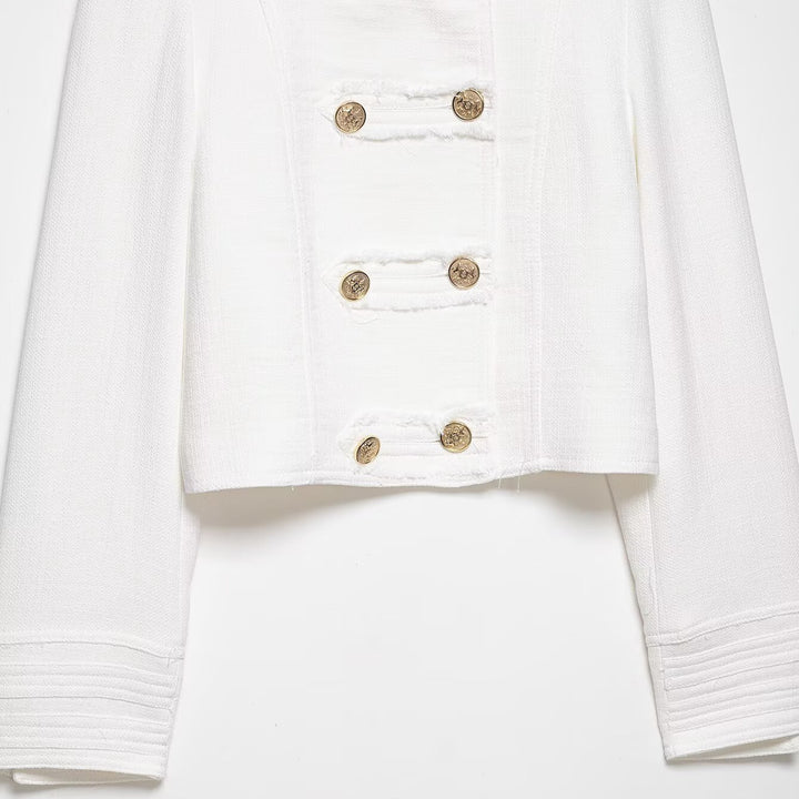 Ladies short jacket in nautical style with double-breasted decorative button placket and stand-up collar Mune Fashion