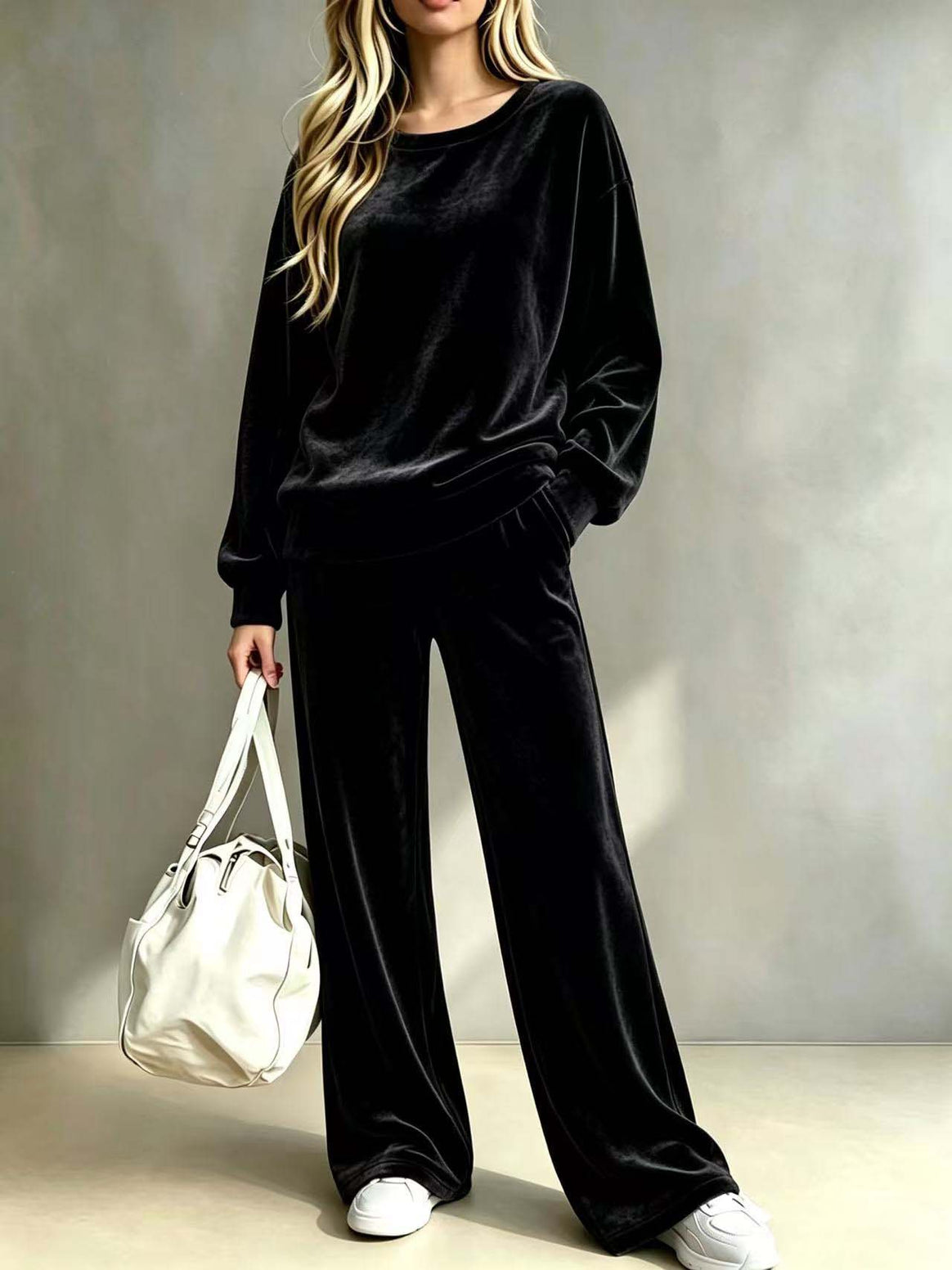Women's Soft Velour Loungewear Set with Wide Leg and Round Neck Mune Fashion