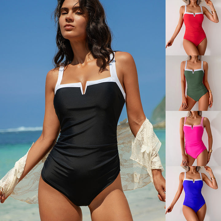 Women Elegant One-Piece Swimsuit with V-Neck and Fine Contrast Details Mune Fashion