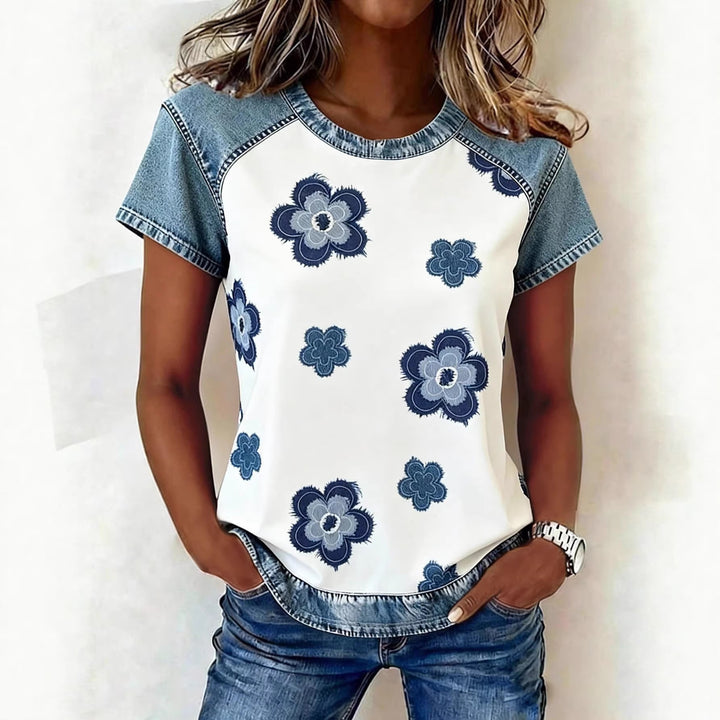 Women's Short Sleeve Shirt with Jeans Inserts and Teddy Patch Print Mune Fashion