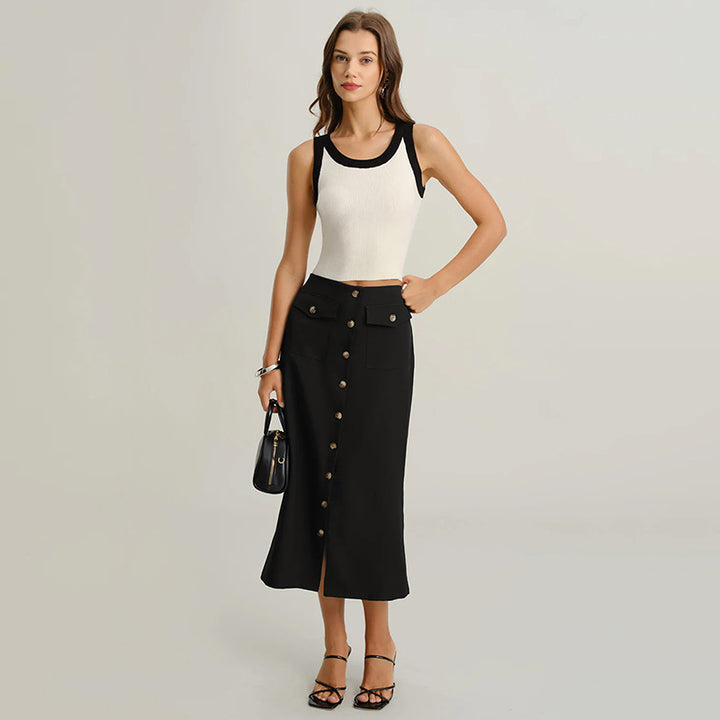 Women's midi skirt with continuous button placket, high waist and patch pockets Mune Fashion
