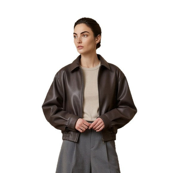 Women Boxy Cropped Faux Leather Jacket with Concealed Zipper and Elastic Hem Mune Fashion