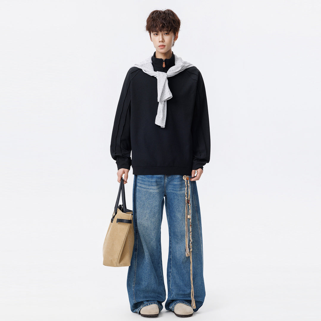 Unisex Waffle Structure Half-Zip Pullover with Stand-Up Collar and Oversized Cut Drune