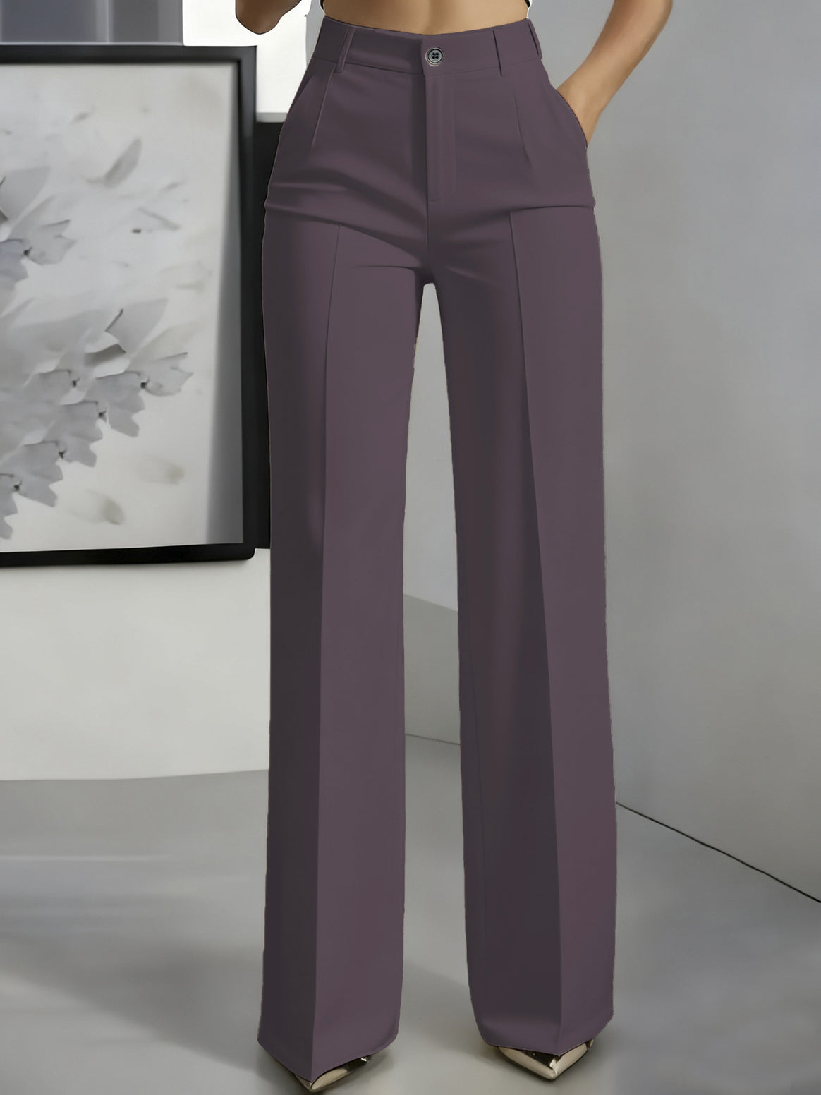 Women High-Waisted Palazzo Pants with Crease and Front Pockets Mune Fashion