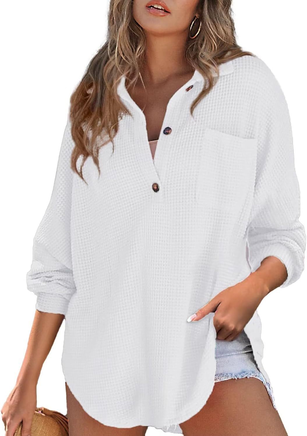 Women's Oversize Waffle Knit Shirt Tunic with Chest Pocket and Wooden Buttons Mune Fashion