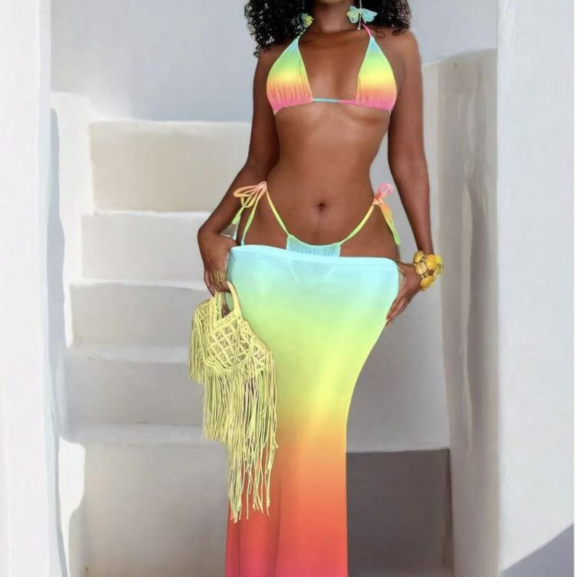 Women's bikini set with stylish lacing details and airy maxi dress overlay Mune Fashion