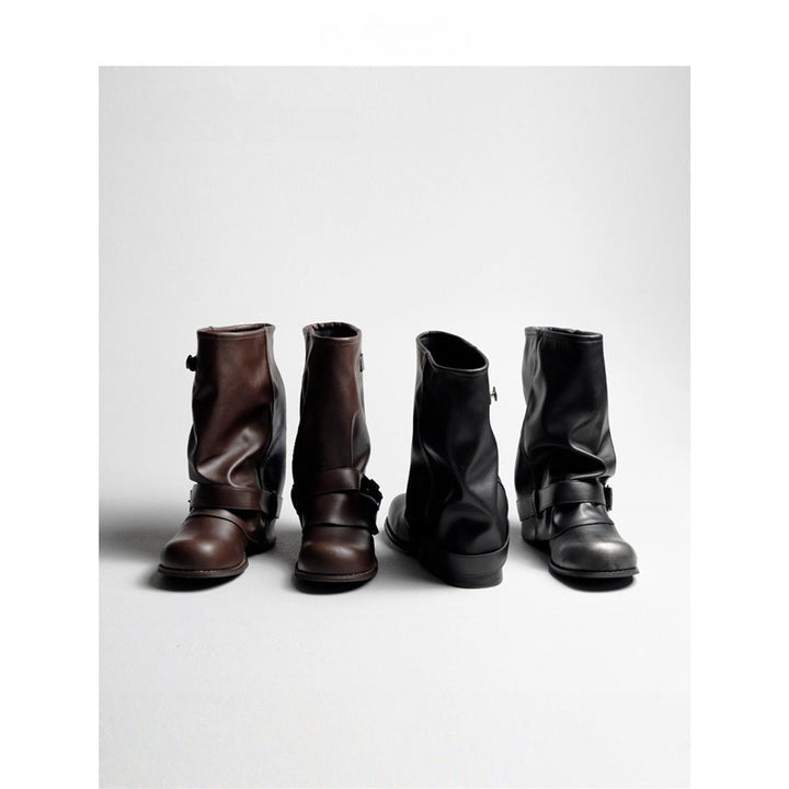 Women Slouchy Biker Boots in Leather Look with Adjustable Buckle Strap and Medium Block Heel Mune Fashion