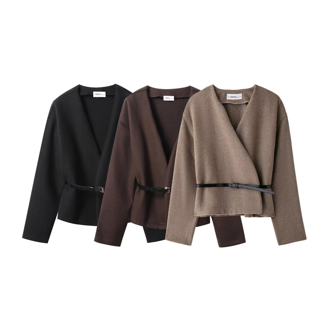 Women's short-cut wrap jacket with V-neck and narrow waist belt Mune Fashion