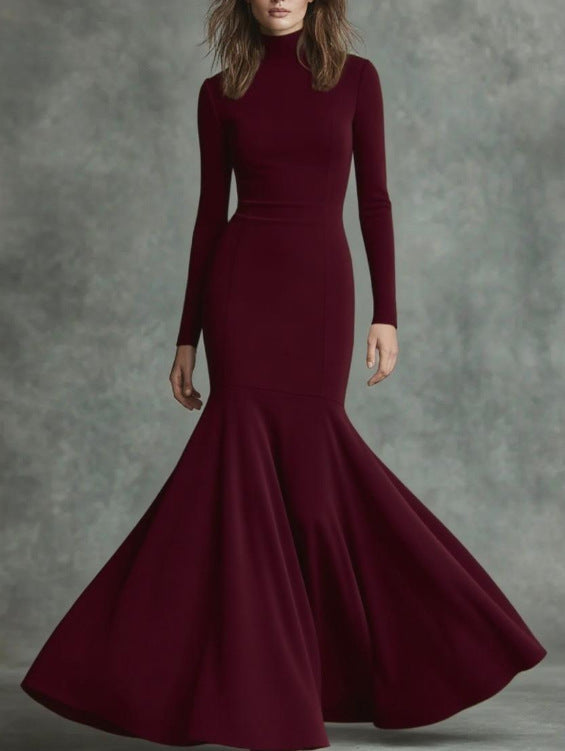 Women Elegant Long Sleeve Maxi Dress with High Neck and Flowing Skirt Mune