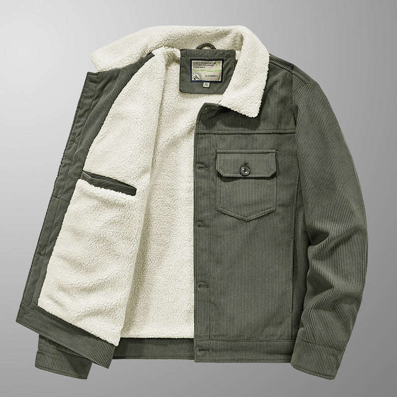 Men's fine cord trucker jacket with continuous Sherpa lining and front flap pocket Mune Fashion