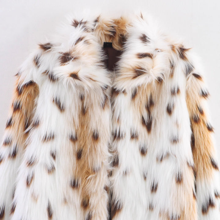 Women's Long Oversized Faux Fur Coat with Spotted Wildcat Print and Stand Collar Mune Fashion