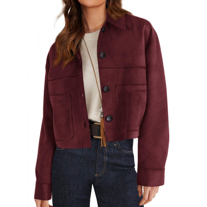 Women's short suede-look jacket with patch pockets and shirt collar Mune Fashion