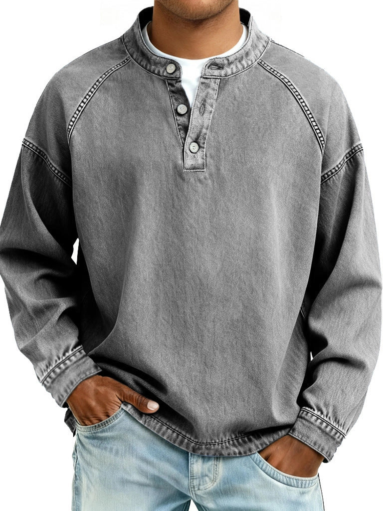 Men's faded Henley shirt with stand-up collar, loose fit and button placket Mune Fashion