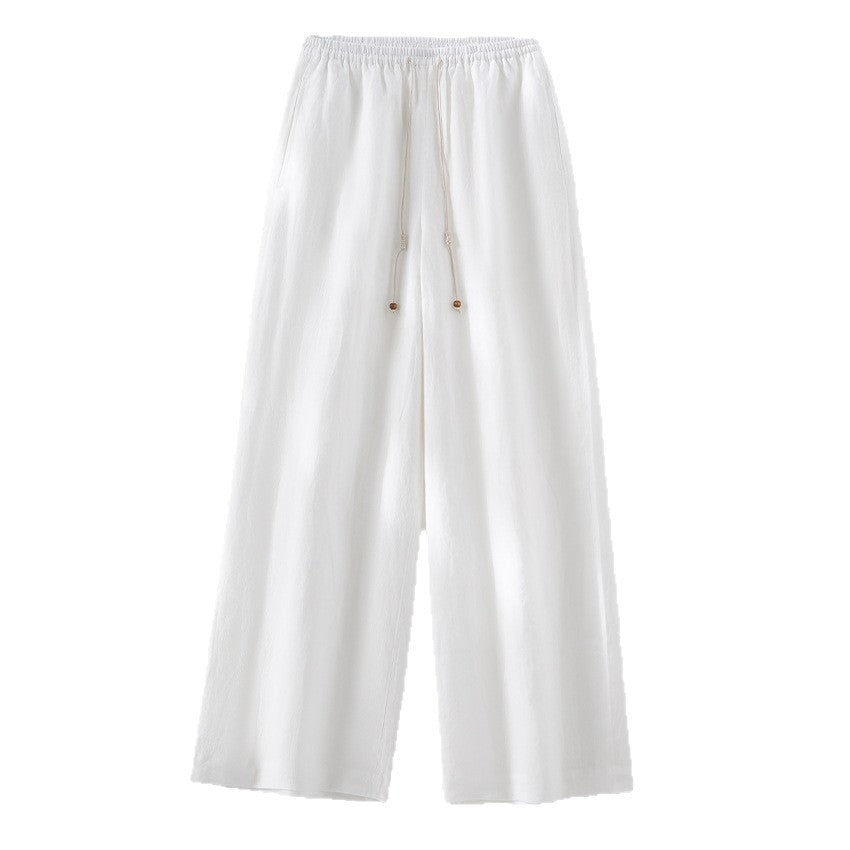 Women's Light High-Waisted Lounge Trousers made from Linen Blend with Drawstring and Pinstripe Look Mune Fashion